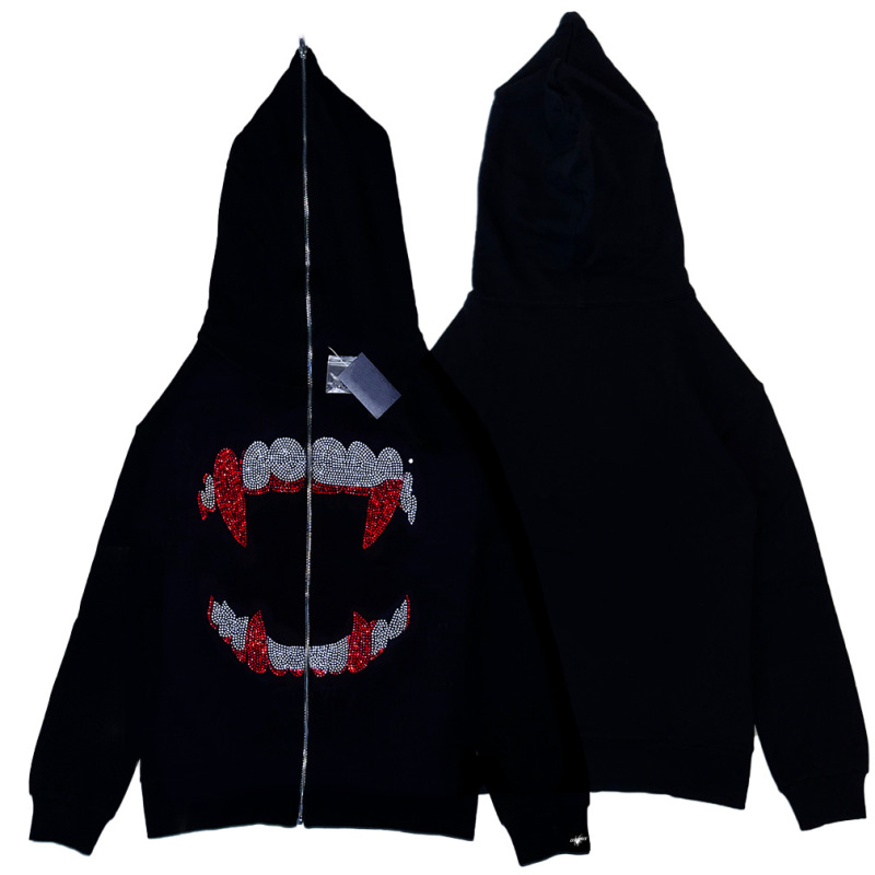 Women Fashion Y2k Edgy Rhinestone Shark Patter Hoodie