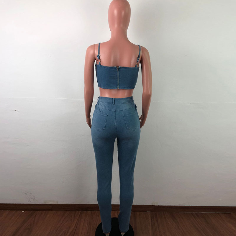 Sexy Sling Tube Top And Pants Patch Design Denim Two Piece Sets