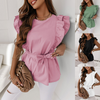 Women Summer Casual Round Neck Solid Color Ruffled Short-Sleeved Blouse