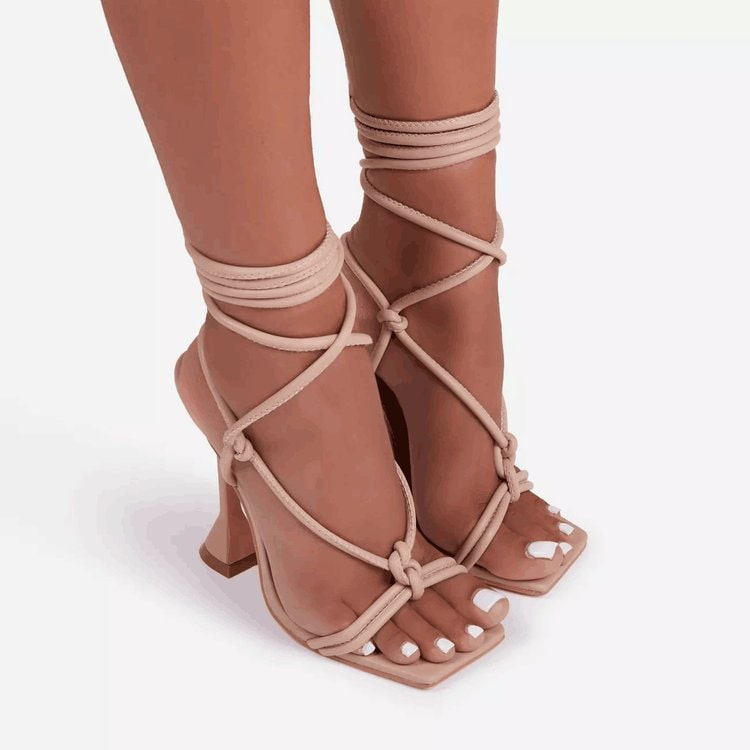 Fashion Women Sexy Solid Color Bandage Square Toe High-Heeled Stiletto Pu Sandals