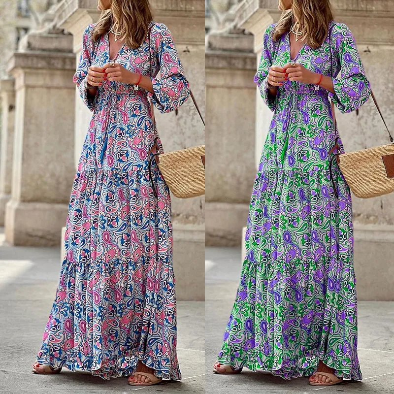 Ramadan /Eid Women Fashion Casual Bohemian Print Long Sleeve Maxi Dress