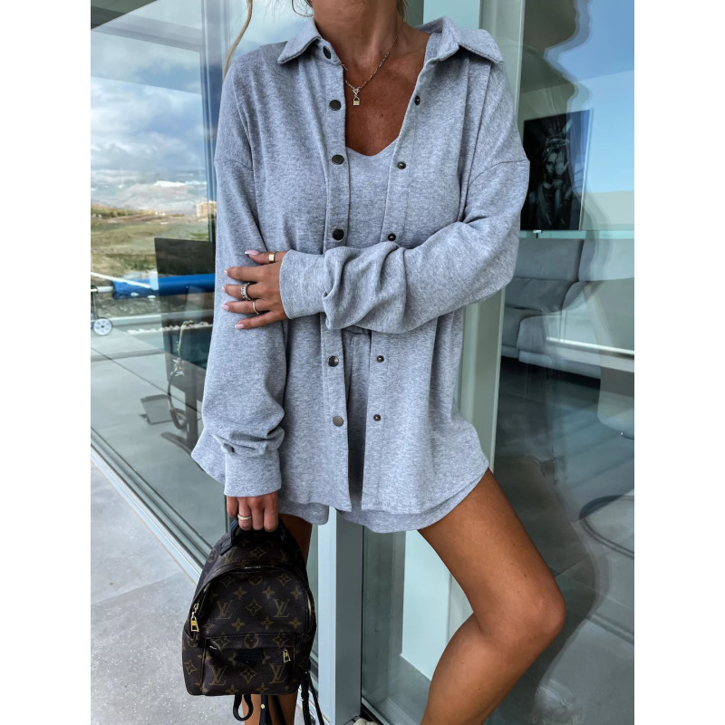 Women Fashion Street Casual Solid Color Long Sleeve Shirt And Loose Blouse Three Pieces Set