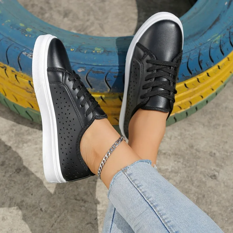 Women Fashion Solid Color Plus Size Hollow Lace-Up Round-Toe Sneakers