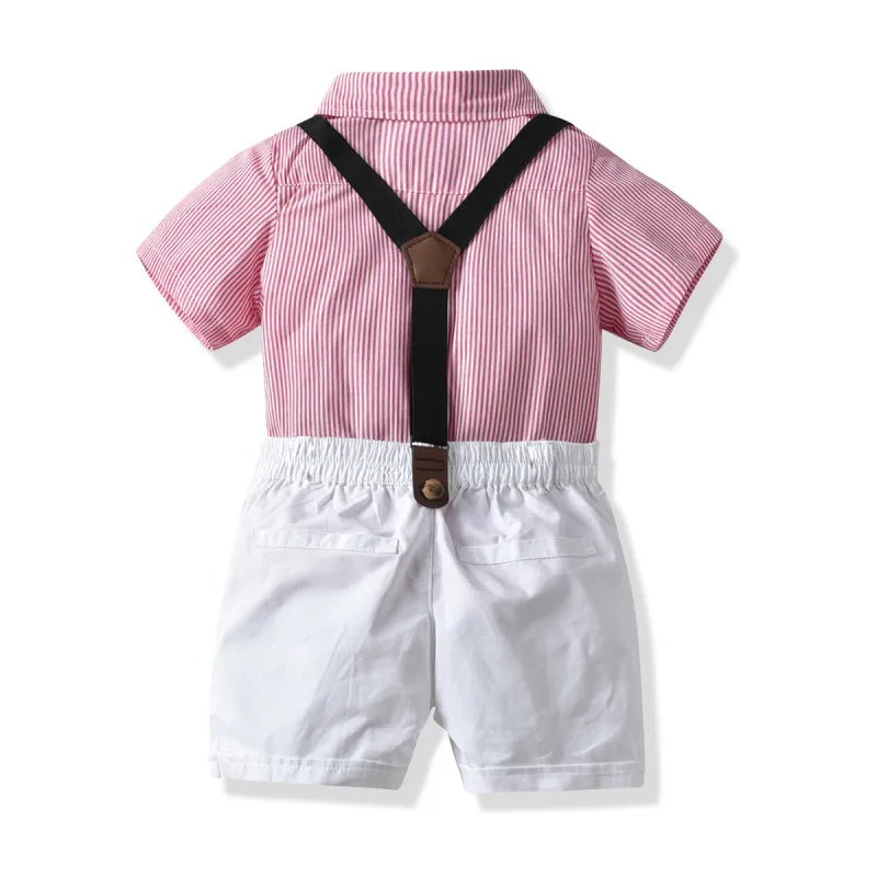 Kids Toddler Boys Summer Fashion Casual British Style Bow Solid Color Stripe Lapel Shirt Suspender Trousers Boys Party Clothing Set