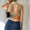 Sexy Deep V Lapel Halter Backless Women Floral Printed Pleated Crop Top