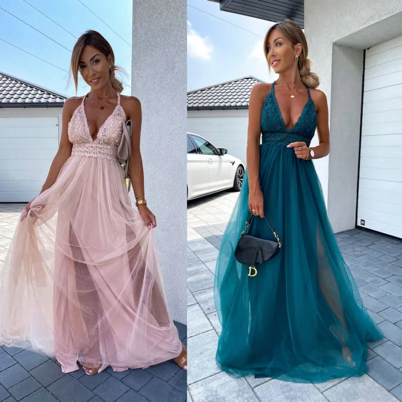 Fashion Sexy Backless Women Elegant Lace Mesh Halter Neck Maxi Party Dress