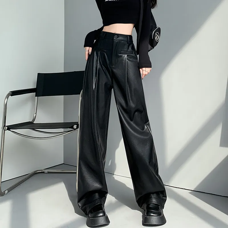 Women Fashion Casual Loose PU Wide Leg Pants