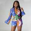 Women Fashion Comfortable Casual Printed Long Sleeve Shorts Two-Piece Set