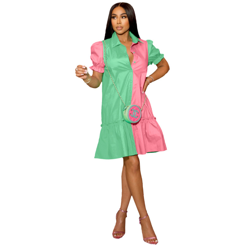 Women Fashion Casual Color Blocking Lapel Short-Sleeve Single-Breasted Blouse Dress