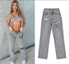 Women Fashion Street Style Cut Out Ripped Slit Hem Jeans