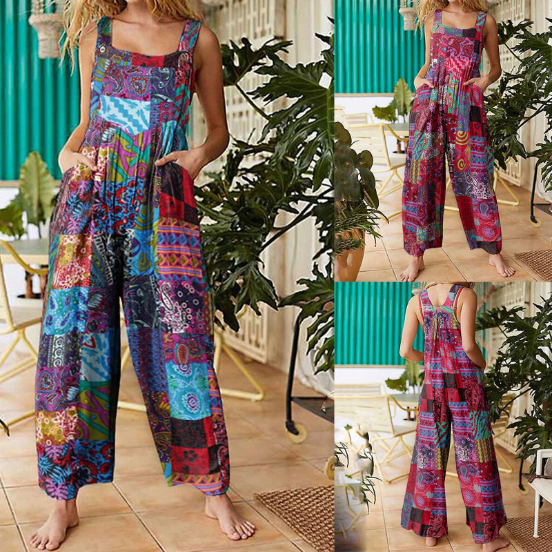 Women Summer Vitage Square Neck Sleeveless Casual Pockets Jumpsuits