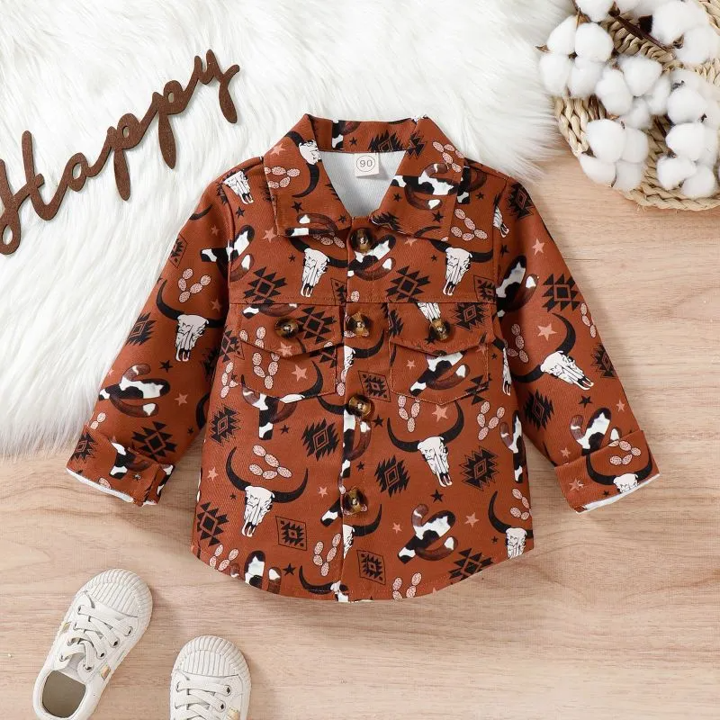 Children Kids Toddlers Fashion Boys Lapel Long-Sleeved Printed Shirt