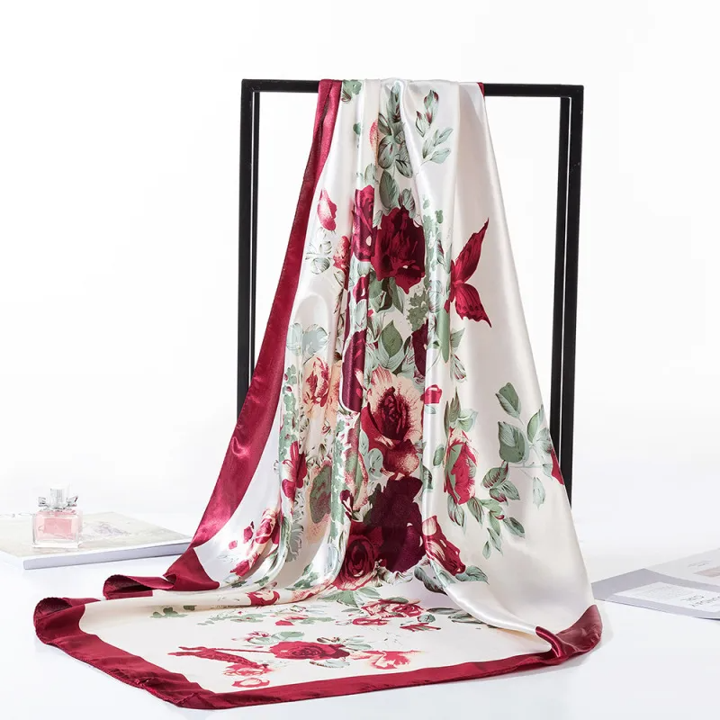 (Buy 1 Get 2) 90X90Cm Women'S Fashion Satin Satin Square Butterfly Floral Printed Silk Scarf