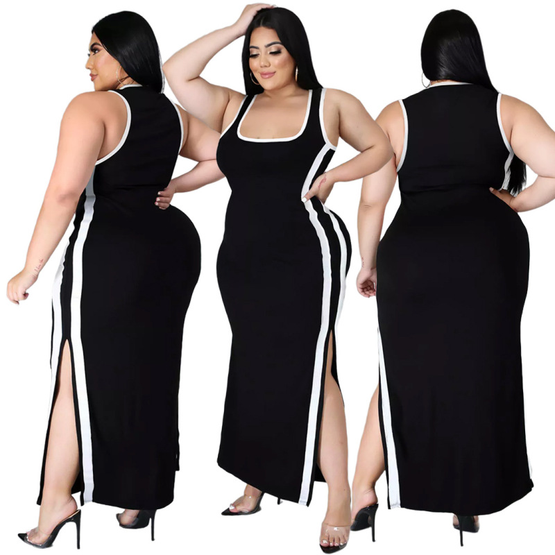 Women Casual Summer Plus Size Color Contrast Side-Slit Stripe Maxi Dress