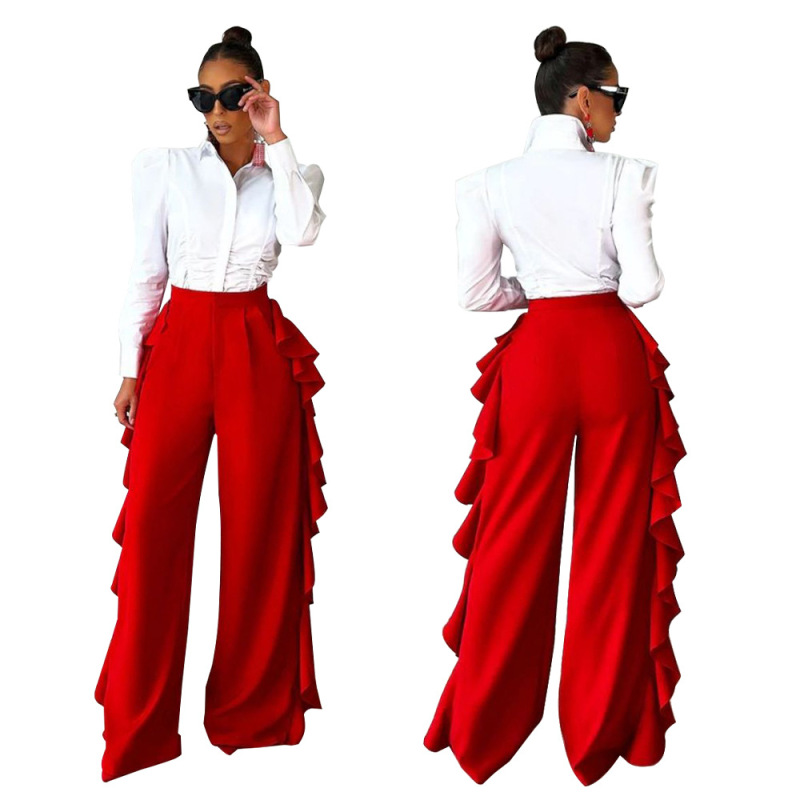 Women Solid Color Ruffle High Waist Wide Leg Pants