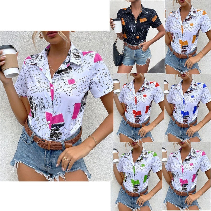 Women Summer Fashion Casual Short Sleeve Letter Print Buttoned Lapel Shirt Blouse