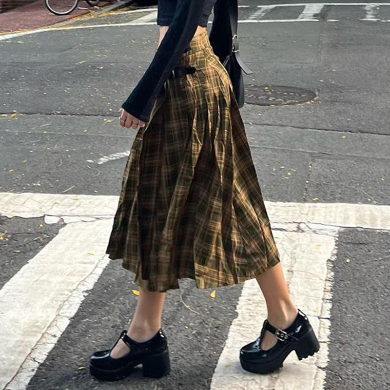 Women'S Fashion Retro High-Waist Metal Buckle Plaid Pleated Skirt