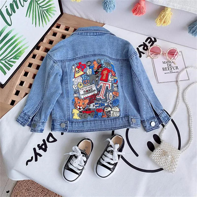 Kids Girls Casual Cartoon Pattern Long Sleeve Lapel Denim Coat