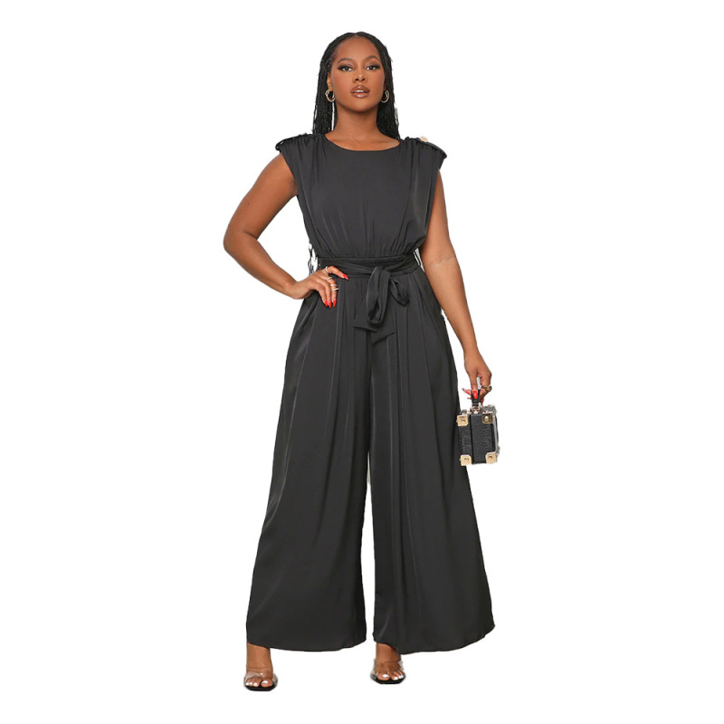 Women Solid Color Sleeveless Waist Loose Fashion Wide Leg Jumpsuit