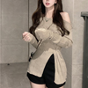 Women Fashion Edgy Solid Color Off-Shoulder Long Sleeve Slit Top
