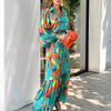 Ramadan /Eid Women Casual Print Lappel Long Sleeve Maxi Dress