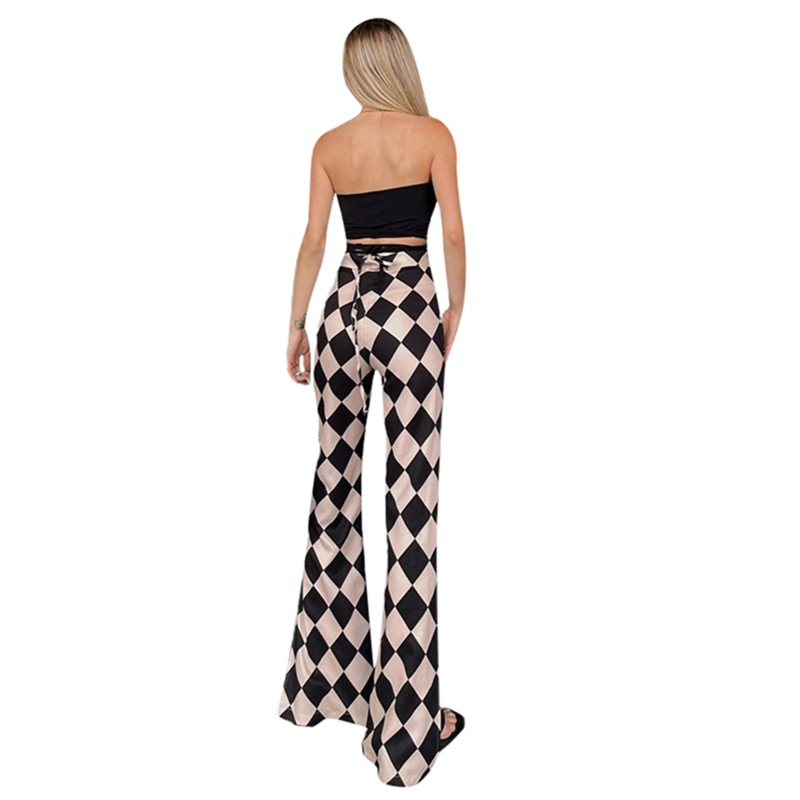 Women'S Fashion Plaid Printing High-Waist Slit Flared Trousers