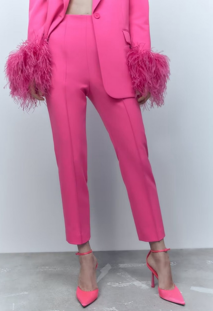 Women Fashion Solid Color Cuff Feather Trim Suit And Pants Two-Piece Set