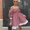 Women'S Fashion Casual Floral Printing Puff Sleeves Off-The-Shoulder Dress