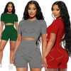 Women Fashion Casual Solid Color Hollow Short Sleeve Crop Top And Shorts Two-Piece Set