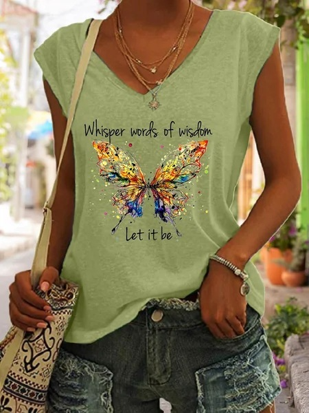 Fashion Sleeveless Butterfly Print Casual V-Neck Women'S Blouses