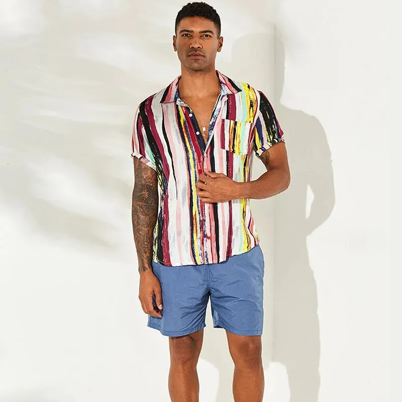 Men Fashion Casual Multicolor Stripe Print Short Sleeve Lapel Shirt