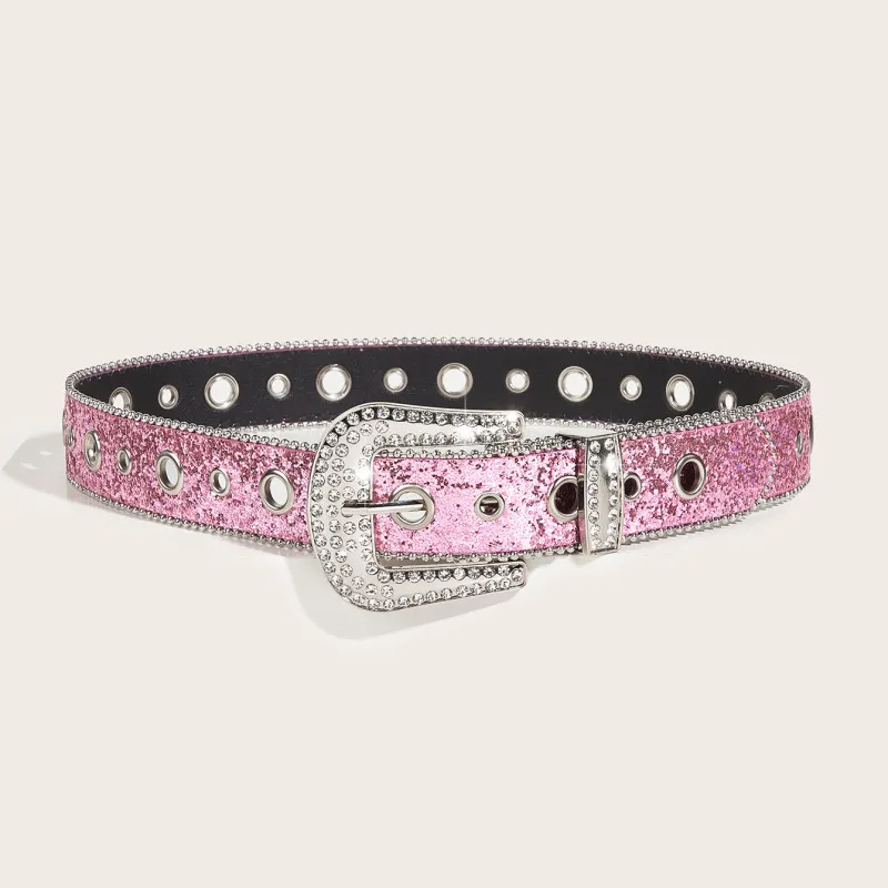 Women Fashion Alloy Rhinestone Pin Buckle Car Side Bead Size Corns Pink Belt