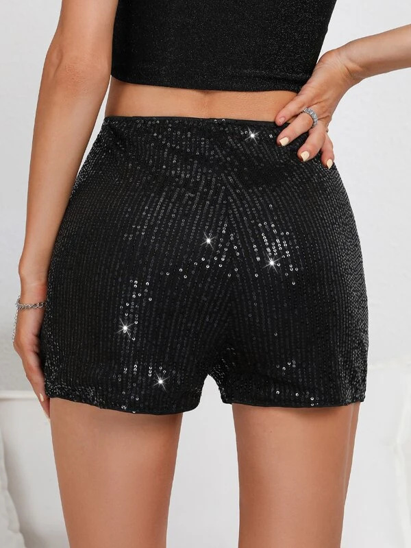 2 Pieces Women Fashion Sexy Solid Color Sequin Mid-Waist Shorts