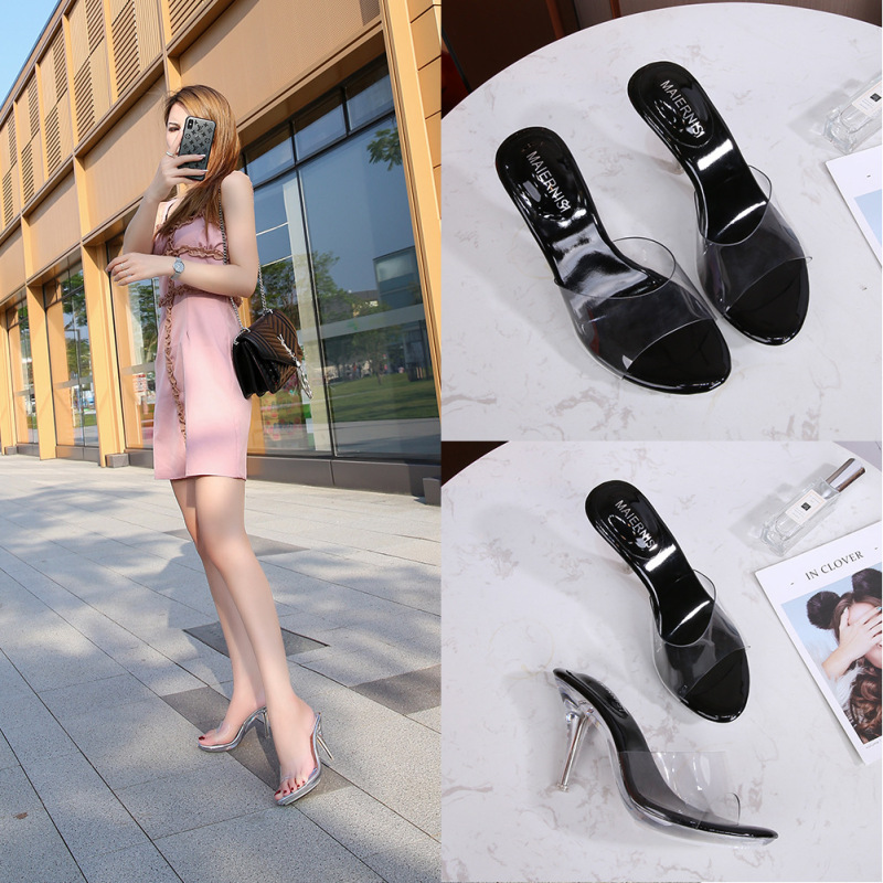 Women Fashion Plus Size Casual Solid Color Transparent PVC Pointed Toe High Heel Slippers