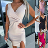 Women'S Fashion Elegant Solid Color V-Neck Sleeveless Slit Dress