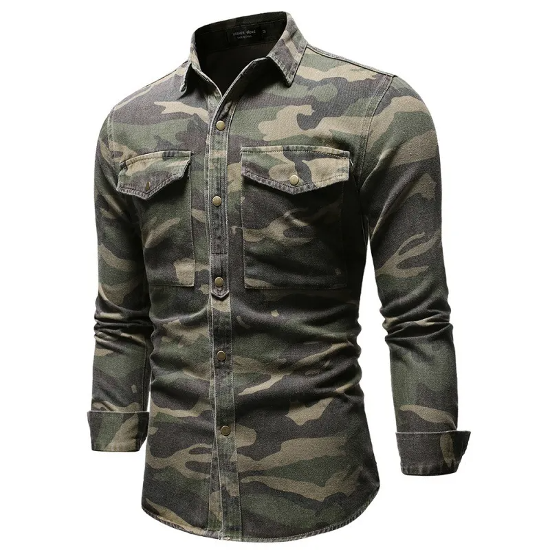 Men Fashion Lapel Long Sleeve Camouflage Denim Shirt