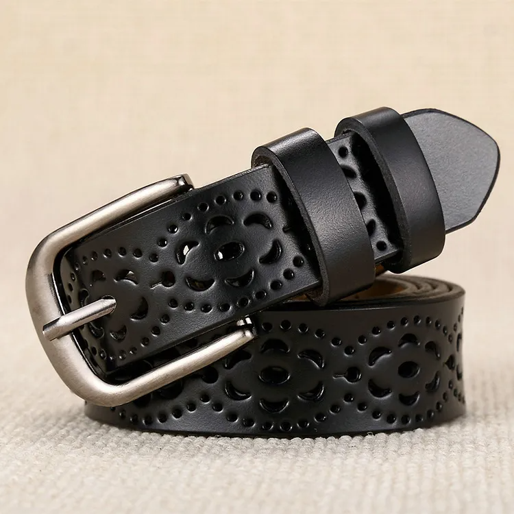 Women Fashion Casual Solid Color Versatile PU Hollow Metal Buckle Belt