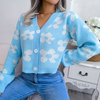 Women Fashion Color Block Floral Lantern Sleeve Cardigan Sweater Coat