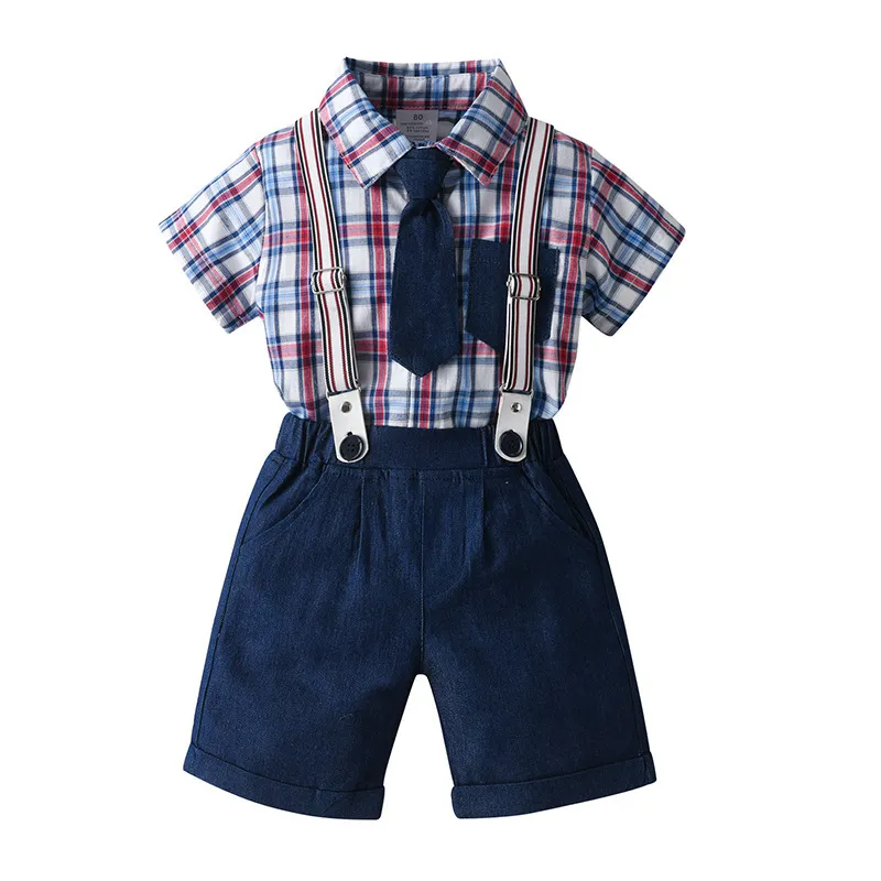 Kids Toddler Boys Summer Fashion Casual British Style Tie Playid Lapel Shirt Suspender Trousers Boys Party Clothing Set