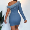 (Buy 1 Get 1) Women Fashion Slant Shoulder Long Sleeve Slim Fit Plush Neck Mini Dress