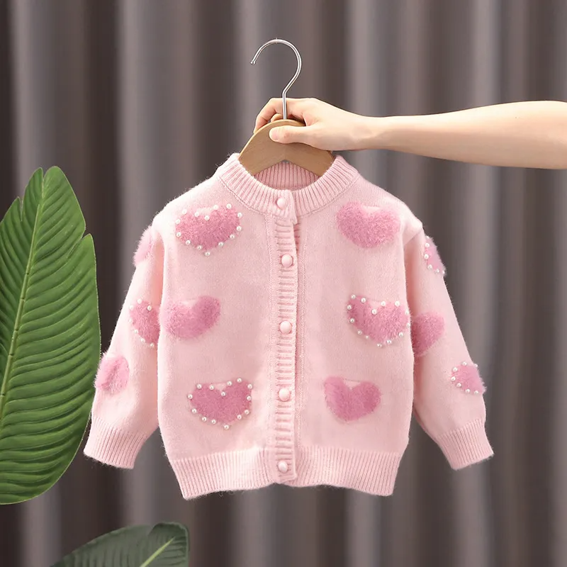 Kids Toddler Girls Autumn Winter Fashion Casual Simple Solid Color Heart Shape Pearl Button Round Neck Sweater