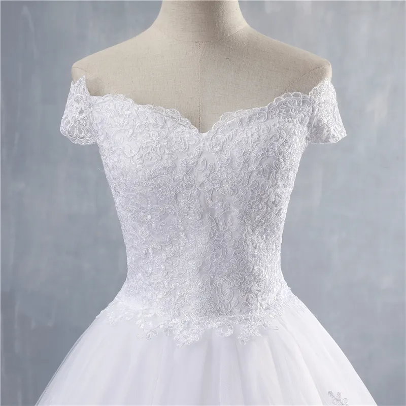 White Ivory Lace Appliques Ball Gown Off The Shoulder Short Sleeves Bridal Dress Wedding Dresses