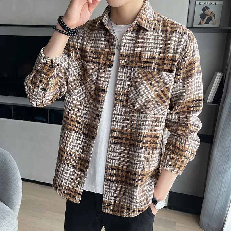 Men'S Casual Plaid Long Sleeve Pocket Loose Shirt