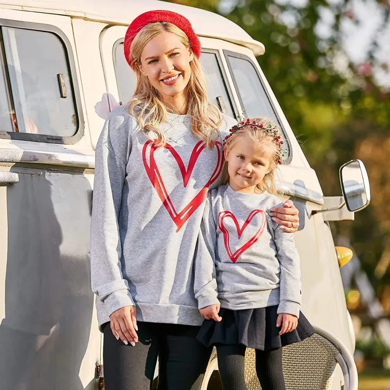 Family Matching Mother Daughter Loose Casual Long-Sleeved Heart Sweatshirt