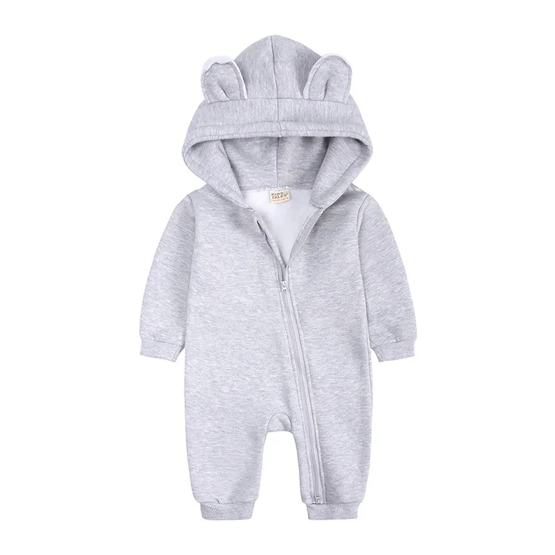 Kids Baby Boys Girls Autumn Winter Casual Cute Solid Color Bear Long Sleeve Hooded Jumpsuit