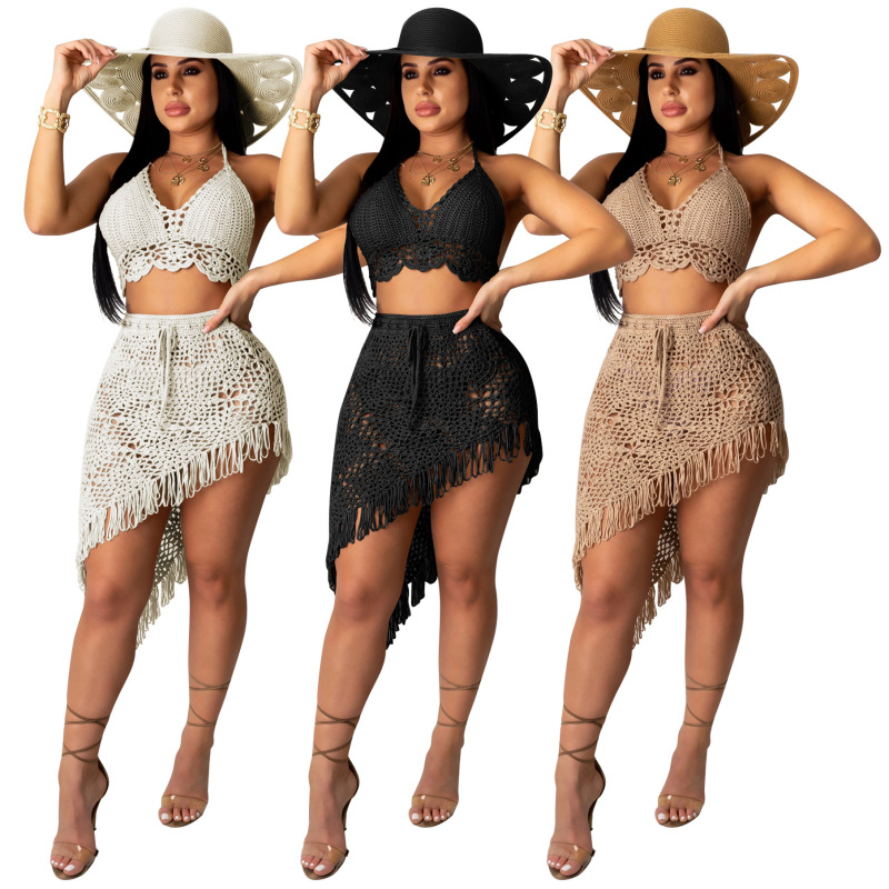 Women Sexy Casual Knitted Tassel Hollow Two-Piece Swimsuit