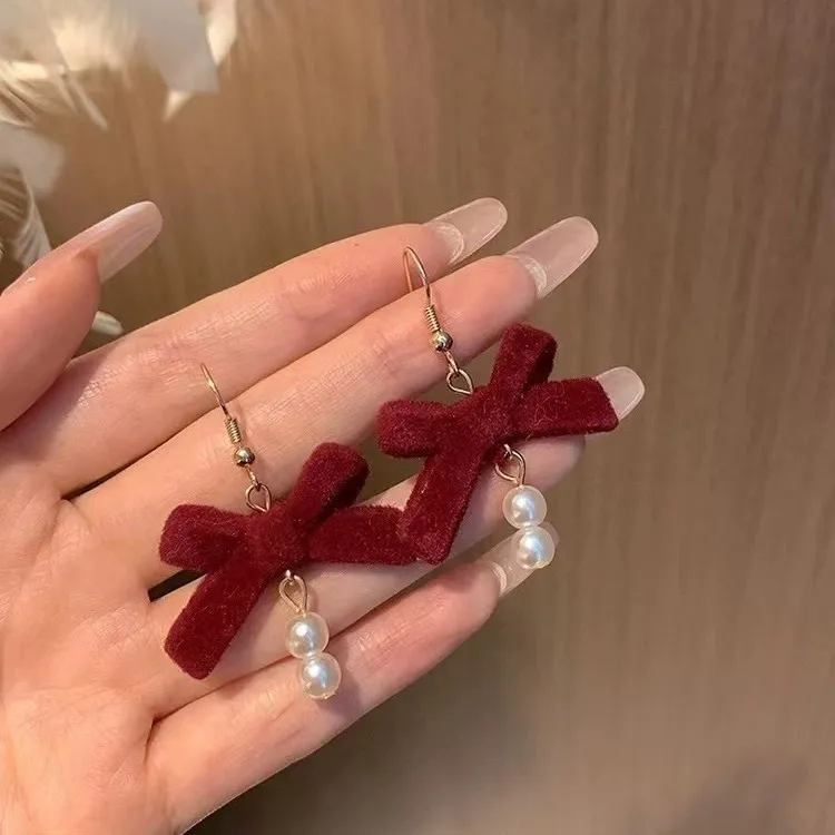 (Buy 1 Get 2) Valentine Day Women Fashion Cosmetic Red Bow Heart Pearl Earrings