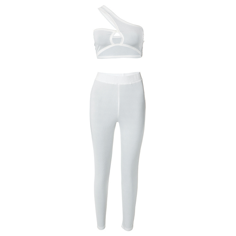 Women Fashion Summer Sexy Solid Color Tight Sloping Shoulder Crop Top Skinny Pants Athleisure Set