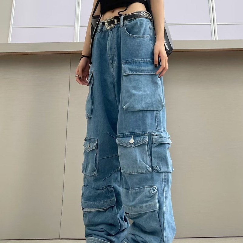 Women'S Light Color Fashion Streetwear Edgy Casual Loose Simple Cargo Jeans