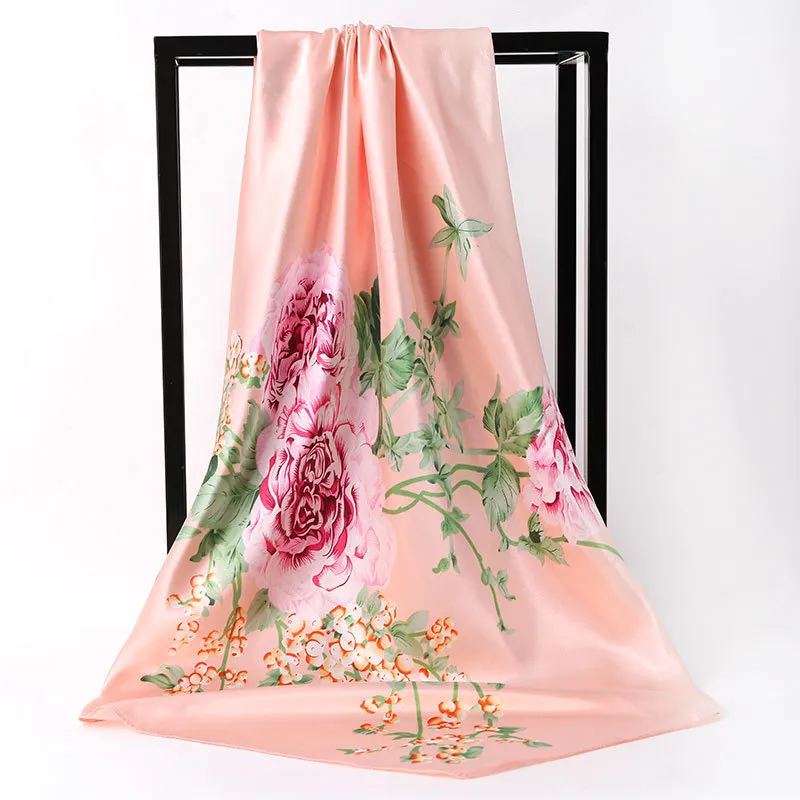 (Buy 1 Get 1) 90*90Cm Women'S Fashion Floral Print Imitation Silk Scarf Scarf Shawl